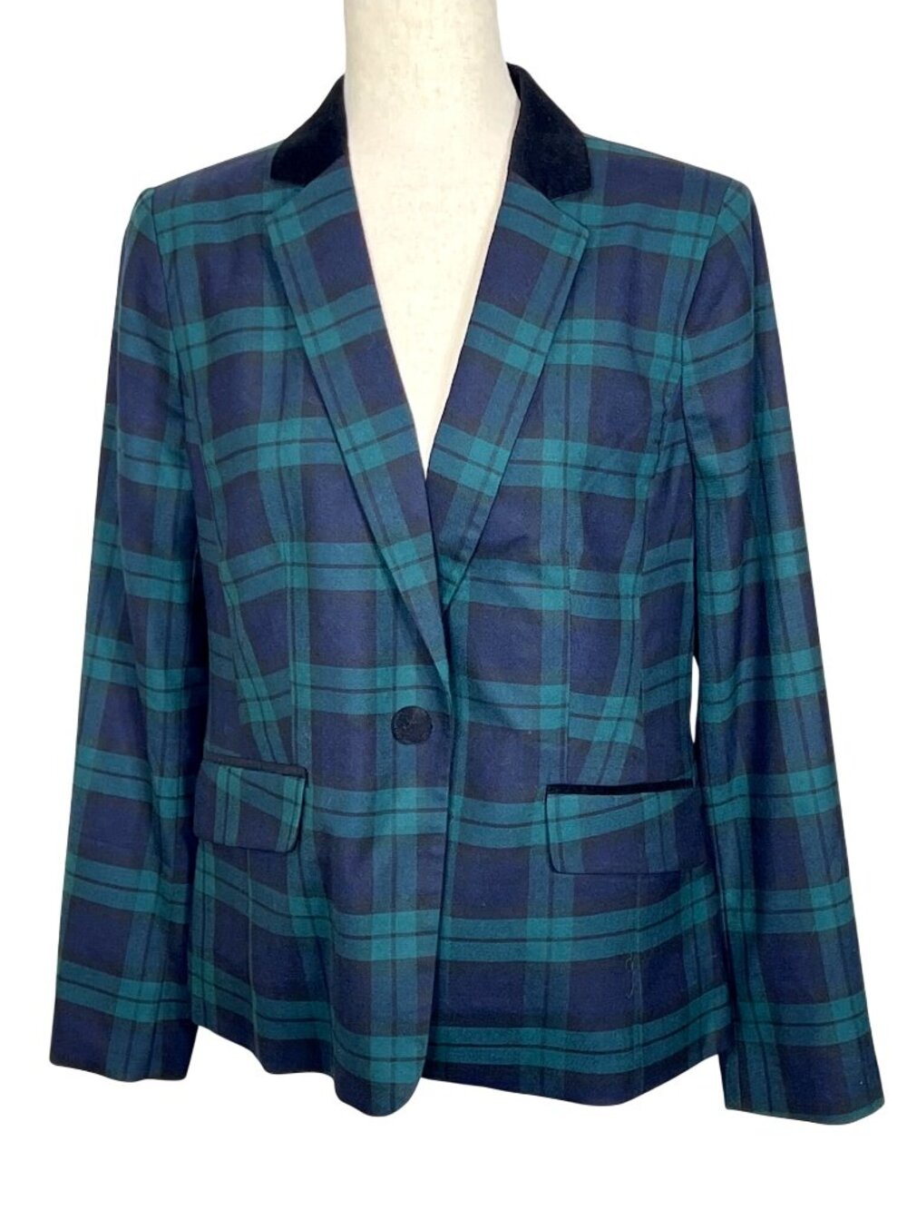 Talbots Single Button Blazer Green Blue Tartan Plaid Sz 8 NWOT
